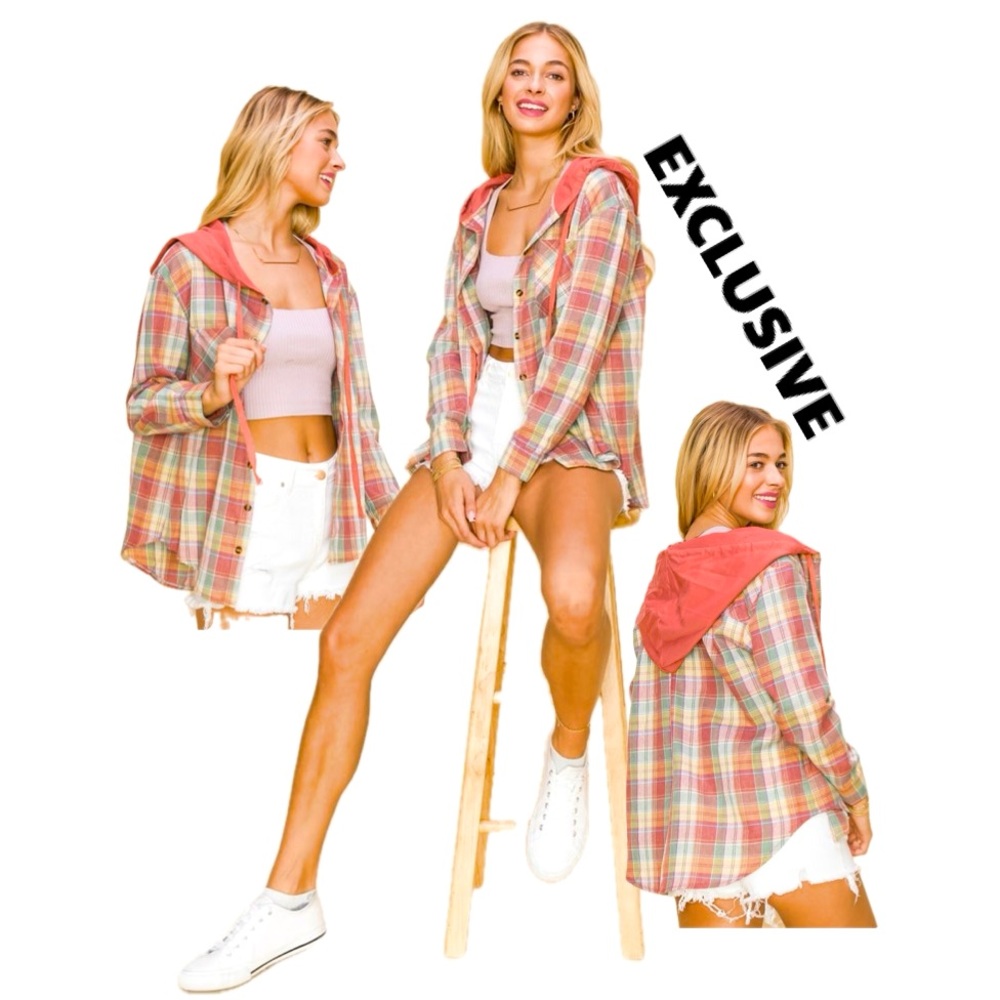 EXCLUSIVE Lightweight Plaid Button Down Hooded Shacket Size M - Picture 1 of 5